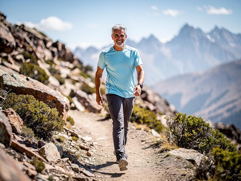 Adulto mayor activo disfrutando senderismo en naturaleza con energía y bienestar