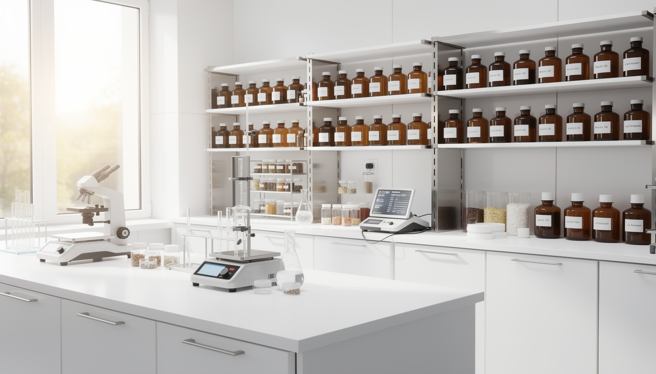 Entorno de control de calidad de suplementos naturales con equipos modernos y luz clara