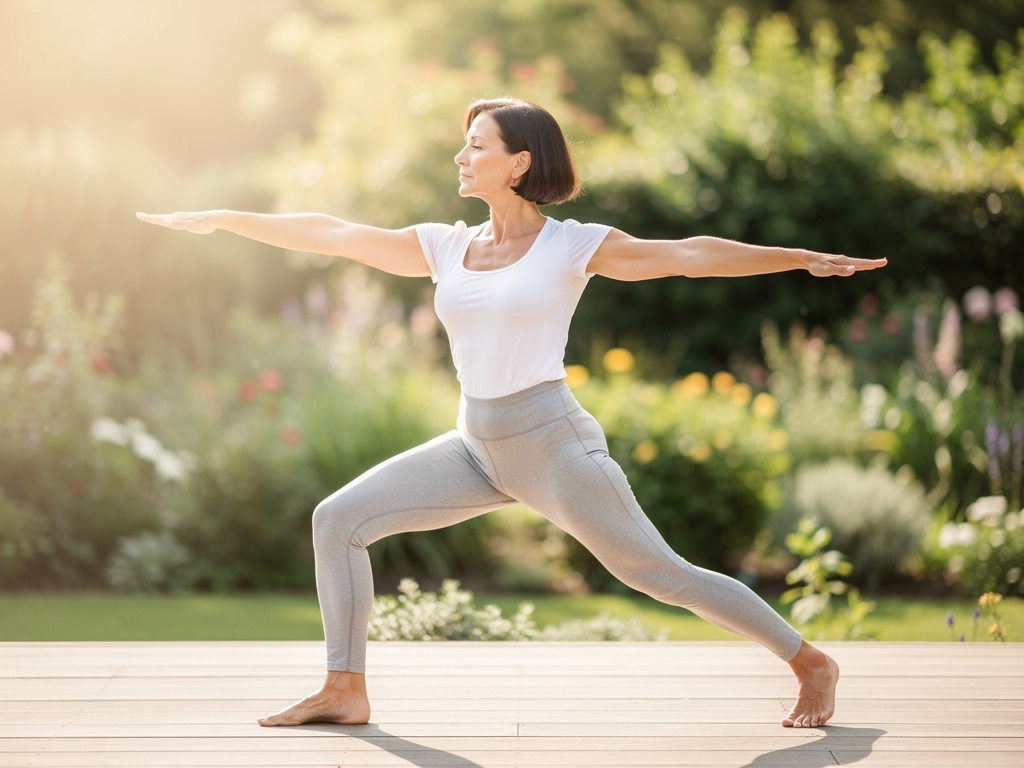 Mujer adulta practicando yoga al aire libre con postura de bienestar y flexibilidad