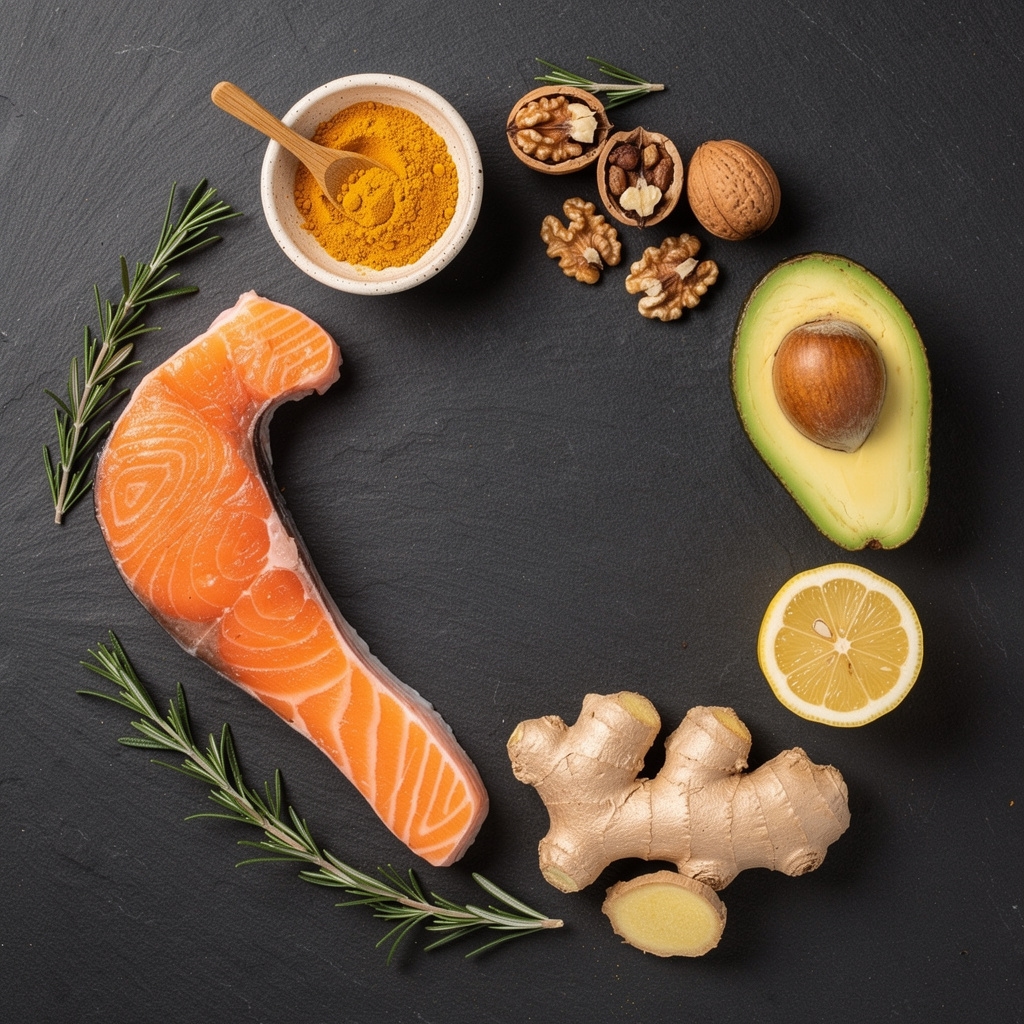 Selección de alimentos naturales ricos en compuestos beneficiosos para articulaciones sobre superficie oscura