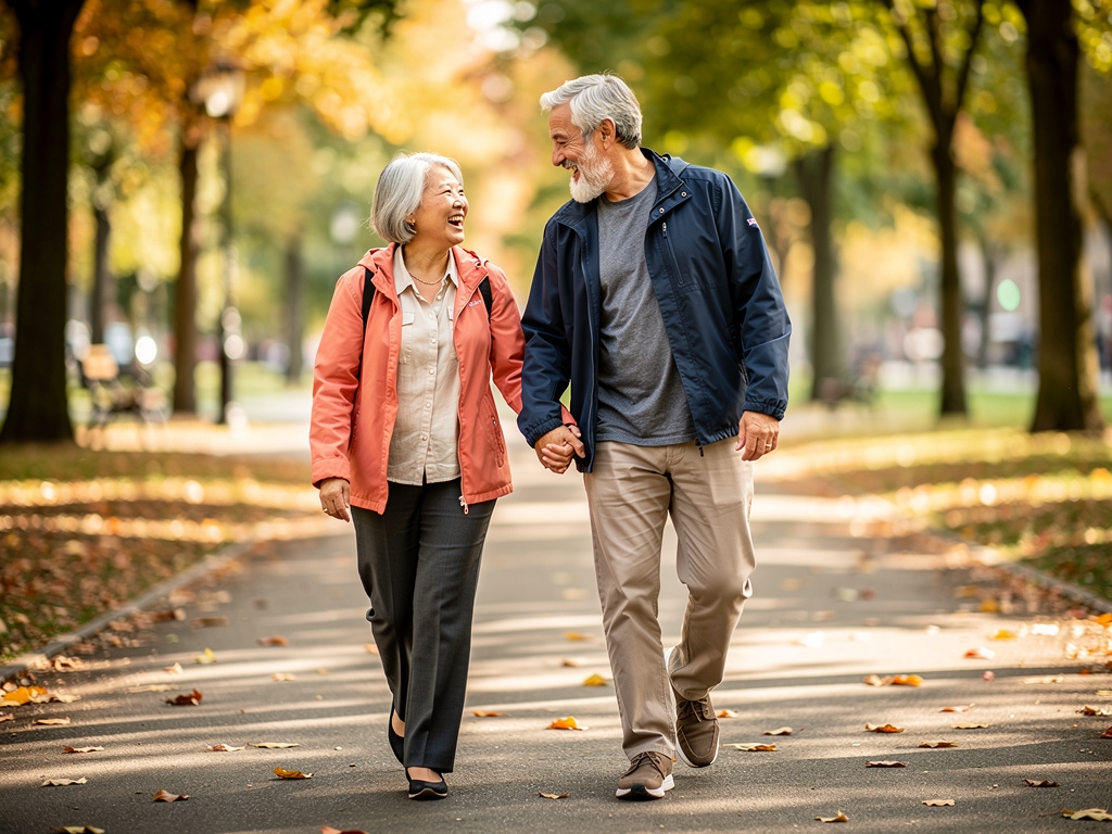 Pareja de adultos mayores activos caminando juntos en parque con expresión de bienestar