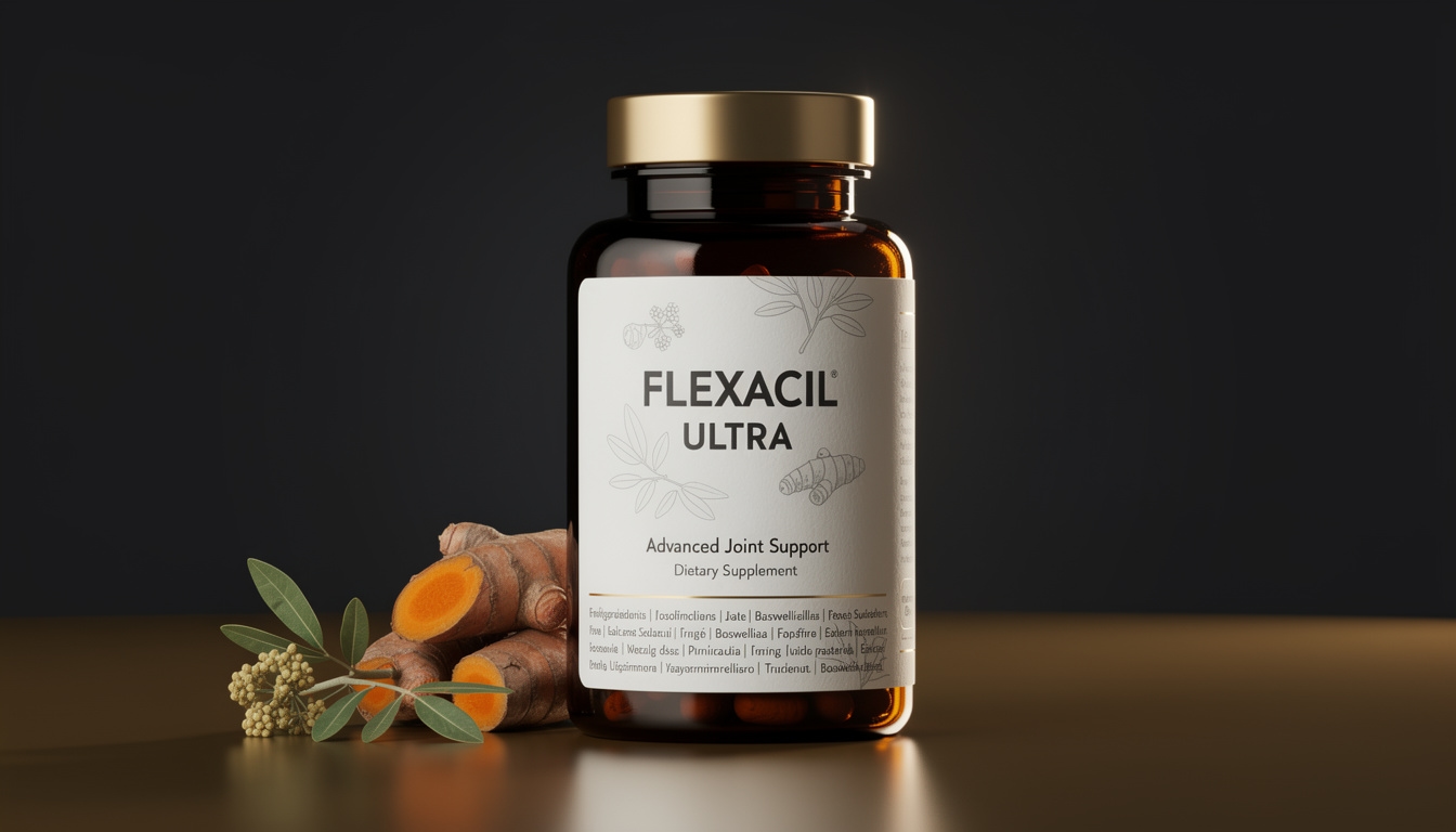 Envase de Flexacil Ultra sobre fondo oscuro con iluminación lateral que resalta el diseño del frasco