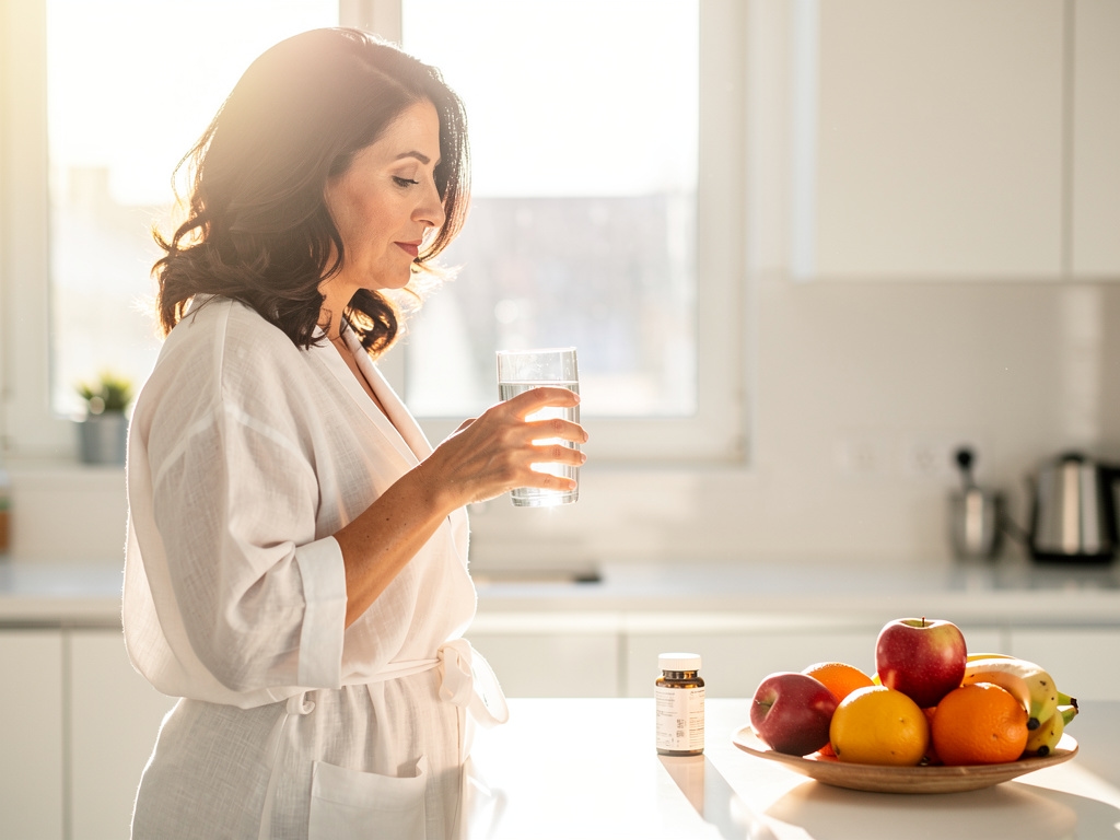 Persona adulta comenzando su rutina matutina de bienestar con agua y suplemento natural
